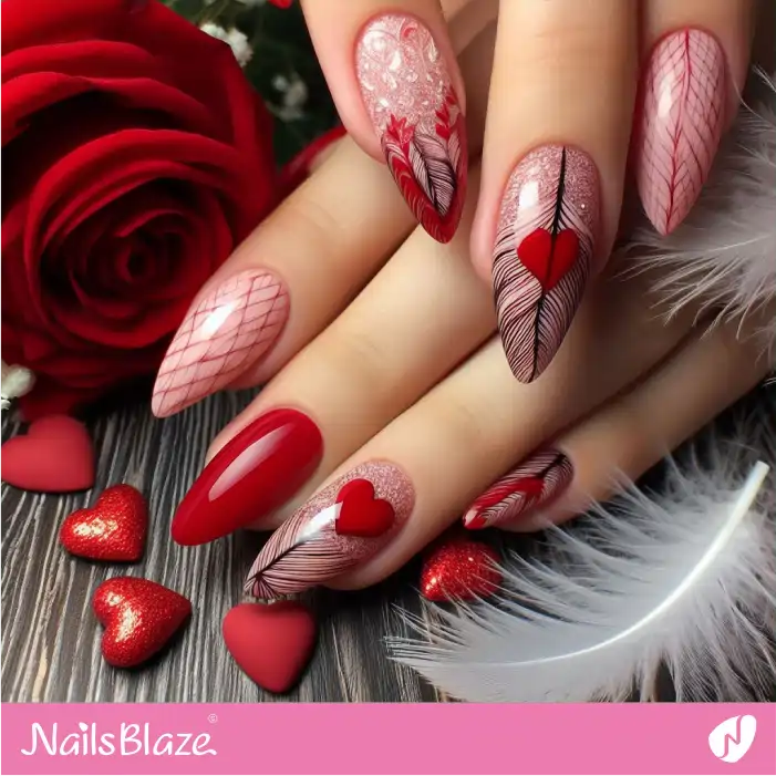 Red Hearts on Pink Feather Nails | Valentine Nails - NB2747